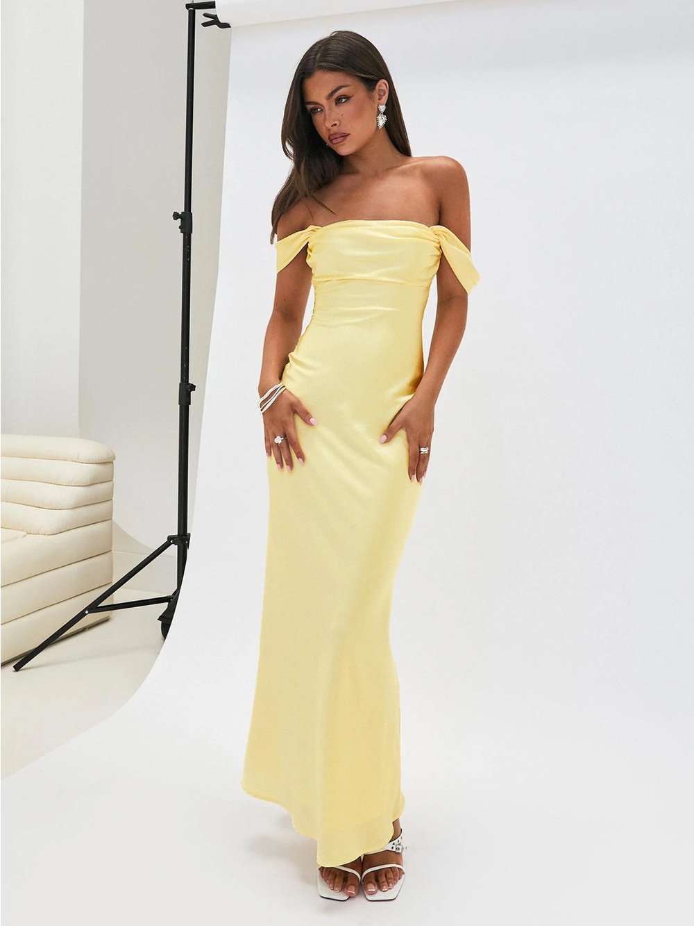 Princess Polly Pale Yellow Off-Shoulder Satin Maxi Dress